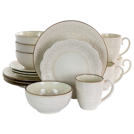 Elama Countess 16 Piece Embossed Double Bowl Stoneware Dinnerware Set in Ivory